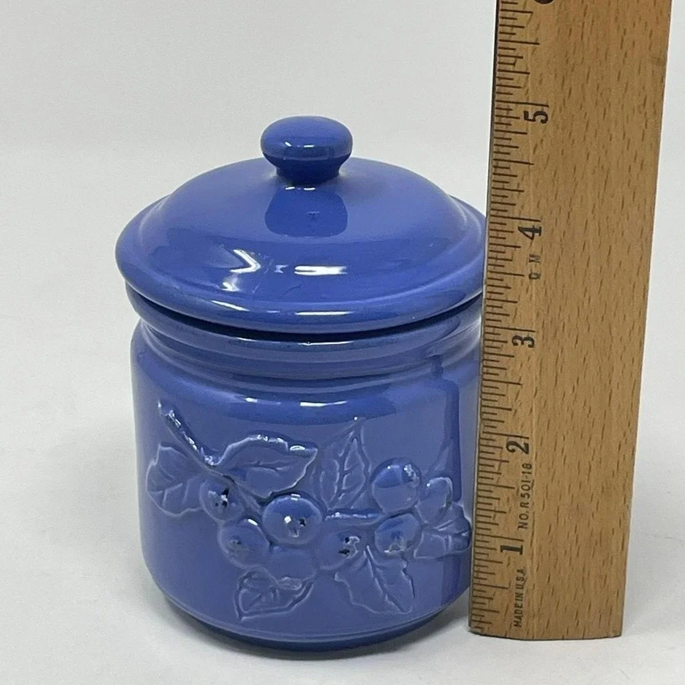Sur La Table Cornflower Cobalt Blue Ceramic Canister Jar w Lid Berries Leaves